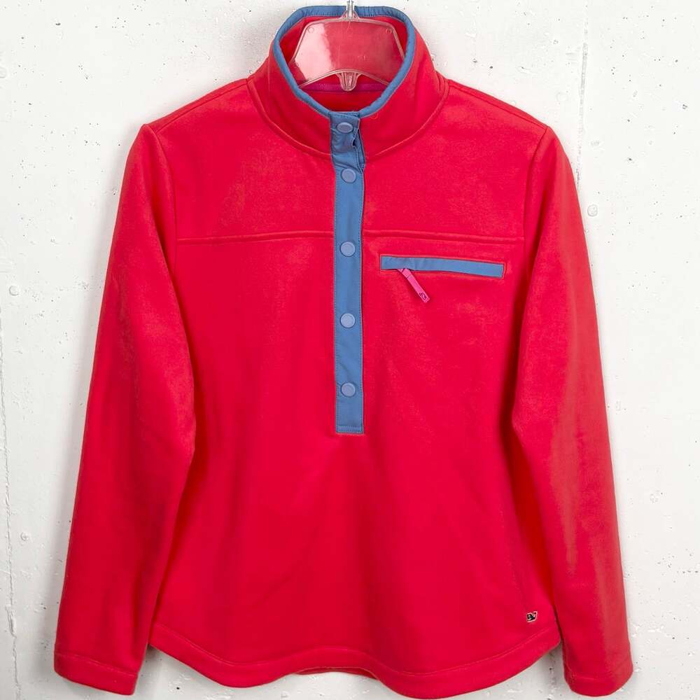 Vineyard Vines Womens 1/4 Snap Up Fleece Pullover Zipper Pocket Dark Pink Small